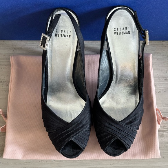 Stuart Weitzman Black Satin Slingback Evening Shoes - Picture 2 of 8
